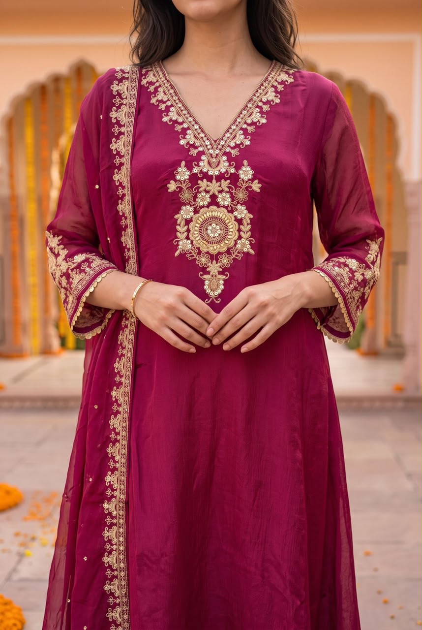 Pure chinnon with lining A line pattern three piece set (C797)