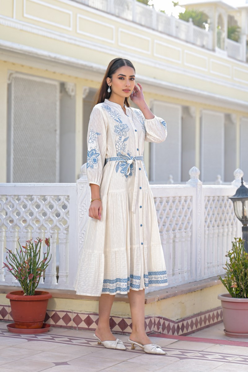 Dobby cotton fully embroidered with mul lining smart one piece dress (B887)