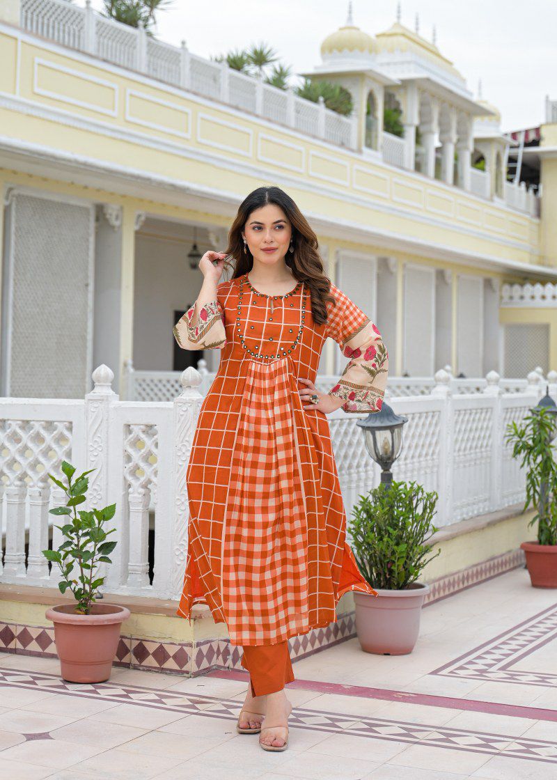 Mul cotton with lining A line pattern with both side deep mobile pocket two piece cordset (S114)
