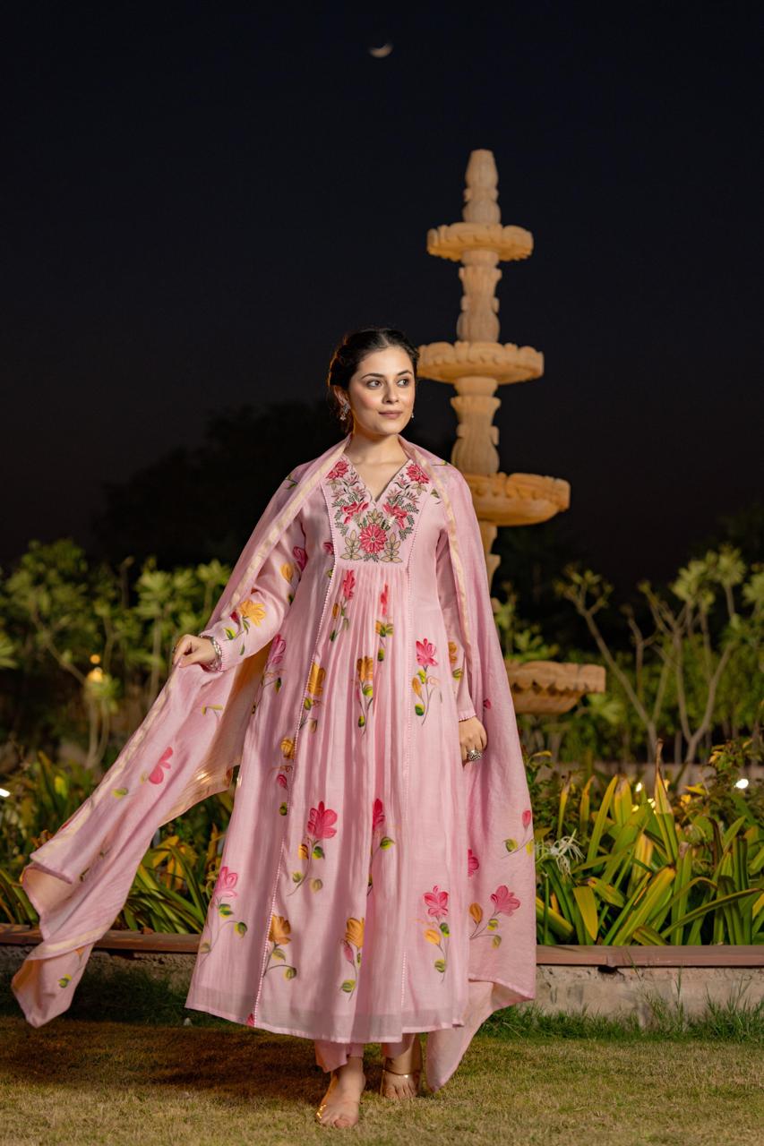 Pink pure mul chanderi with full thread embroidery on neck line designer three piece set (P1897)