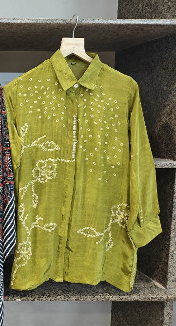 Bandani pure crape neon green smart shirt (B381)