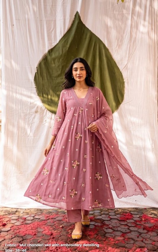 Mul chanderi with lining fully embroidered three piece set (S413)