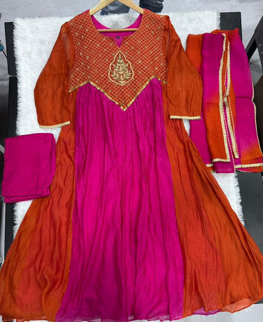 Pure mul chanderi with hand work three piece set (C514)