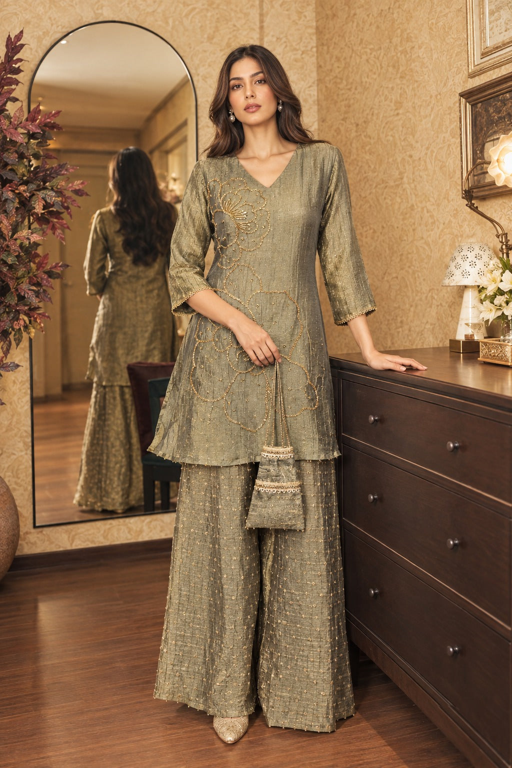 Pure tissue jacquard with wide plazzo and potli bag smart two piece cordset (S326)
