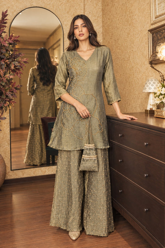 Pure tissue jacquard with wide plazzo and potli bag smart two piece cordset (S326)
