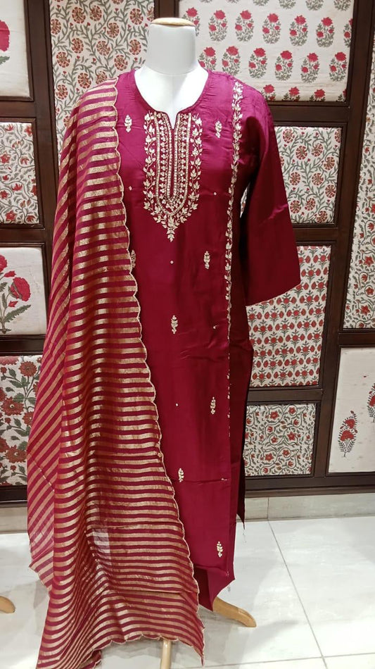 Wine pure silk with tissue dupatta three piece set (A1112)