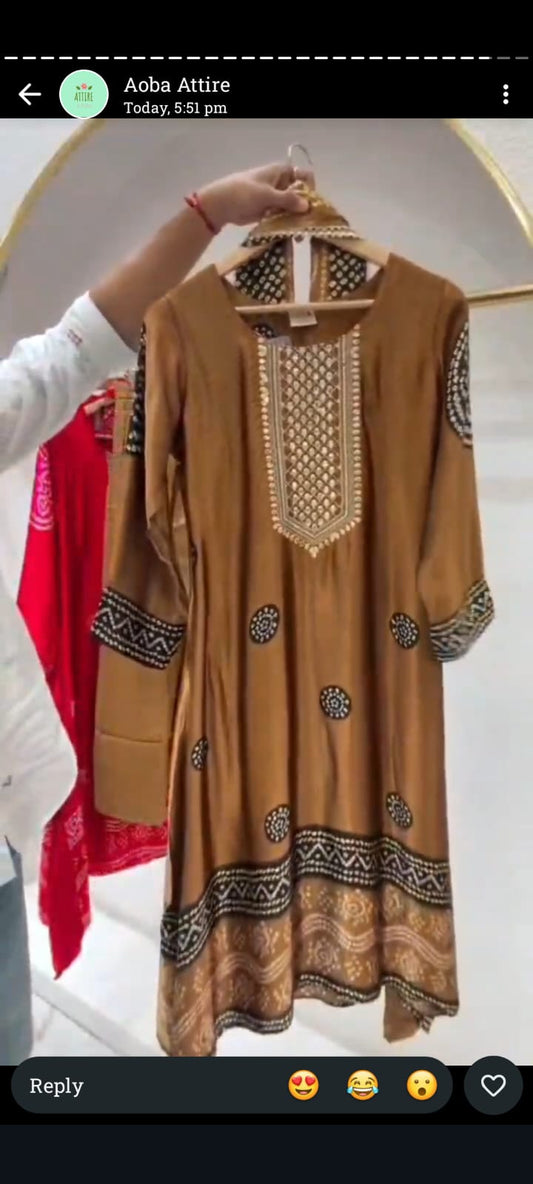 Pure gaji silk A line pattern with bandani dupatta three piece set (S380)