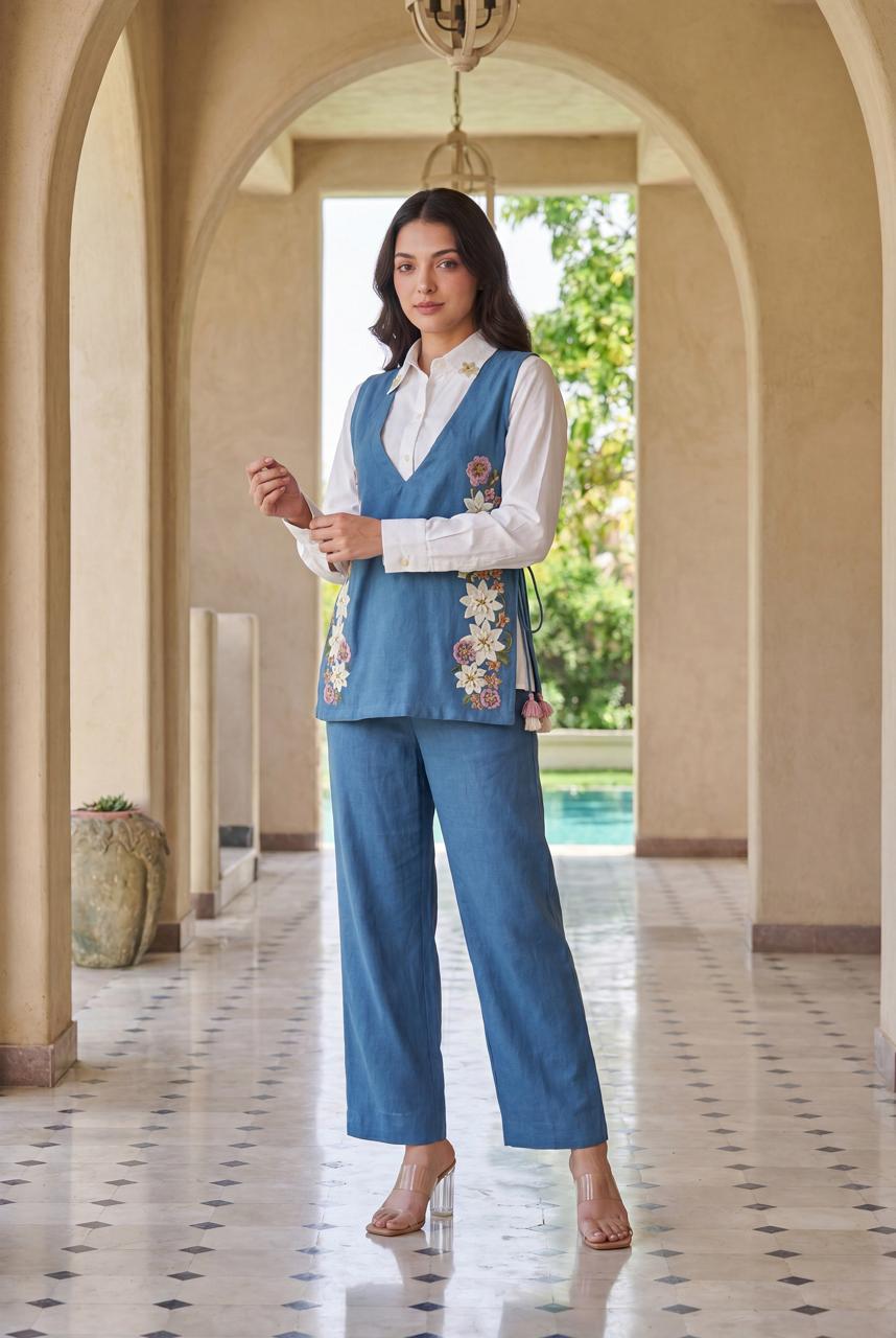 Cotton with embroidered flower smart three piece cordset (S159)