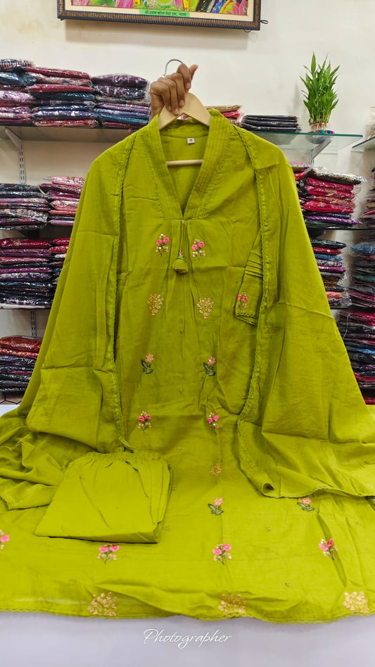 Neon green pure cotton fully thread work three piece set (A985)