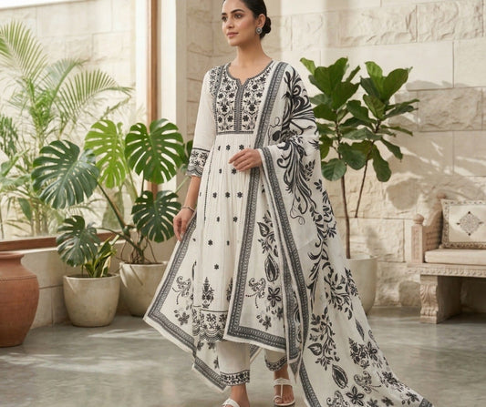 Cotton modal full chikankari nyra pattern three piece set (B329)