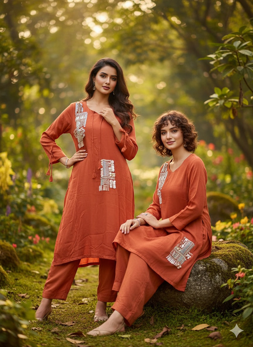 Burnt orange pure chinnon with mul lining stylish two piece cordset (A1171)