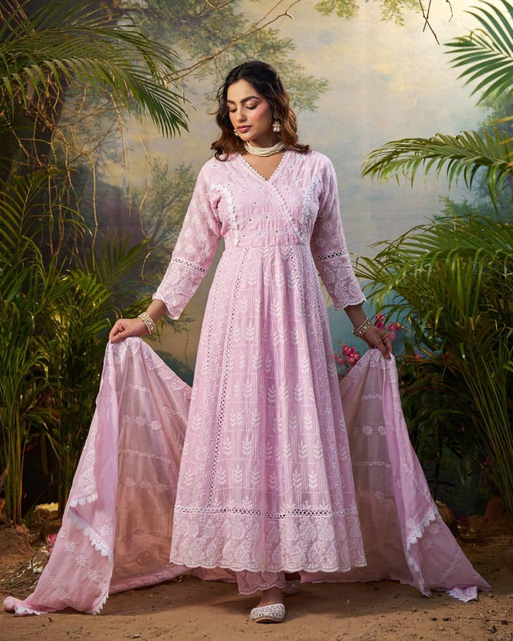 Pink pure cotton fully chikankari anarkali (A842)