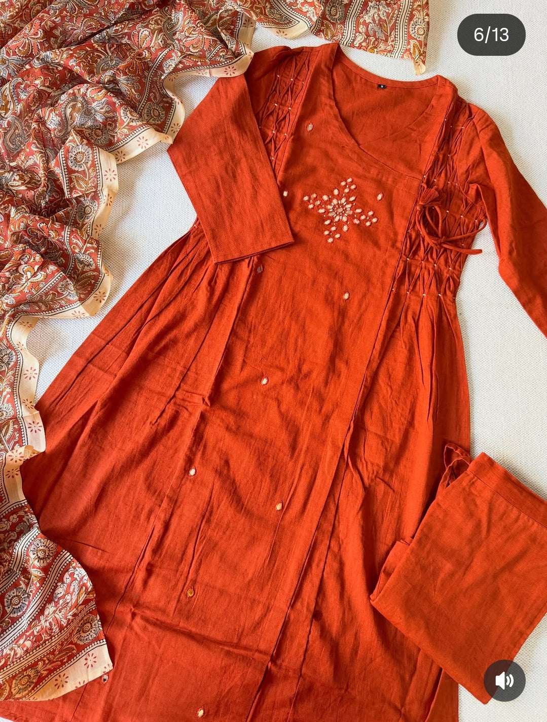 Orange pure cotton linen mirror work three piece set (A1225)