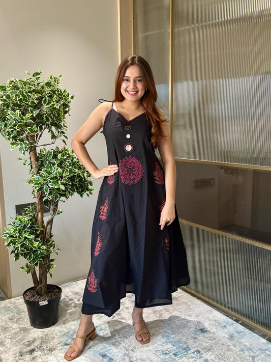 Black pure cotton block print two piece set (P1927)