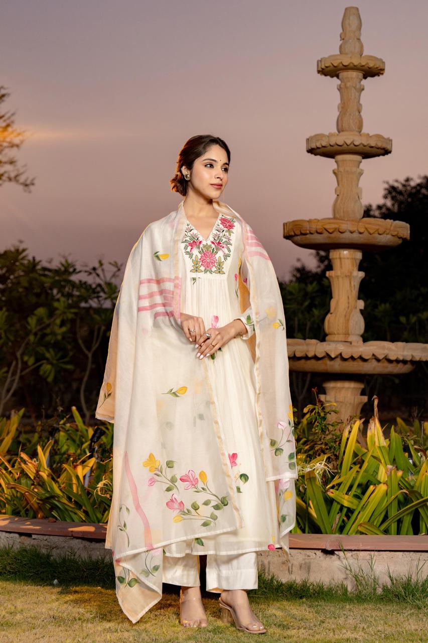 White pure mul chanderi with full thread embroidery on neck line designer three piece set (P1896)