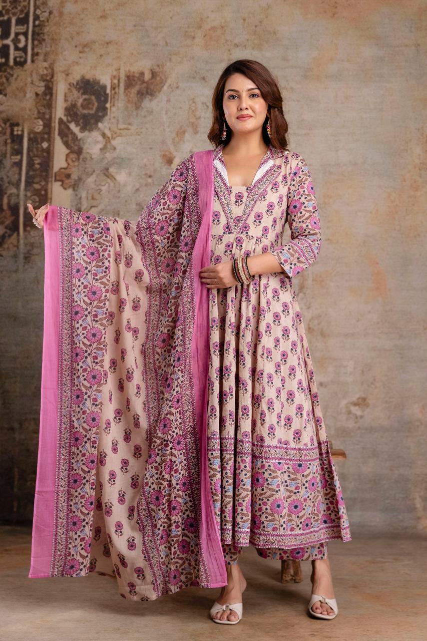 Pink block print three piece set (A1000)