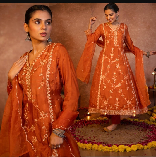 Silk fully embroidered with organza dupatta designer three piece set (A1253)