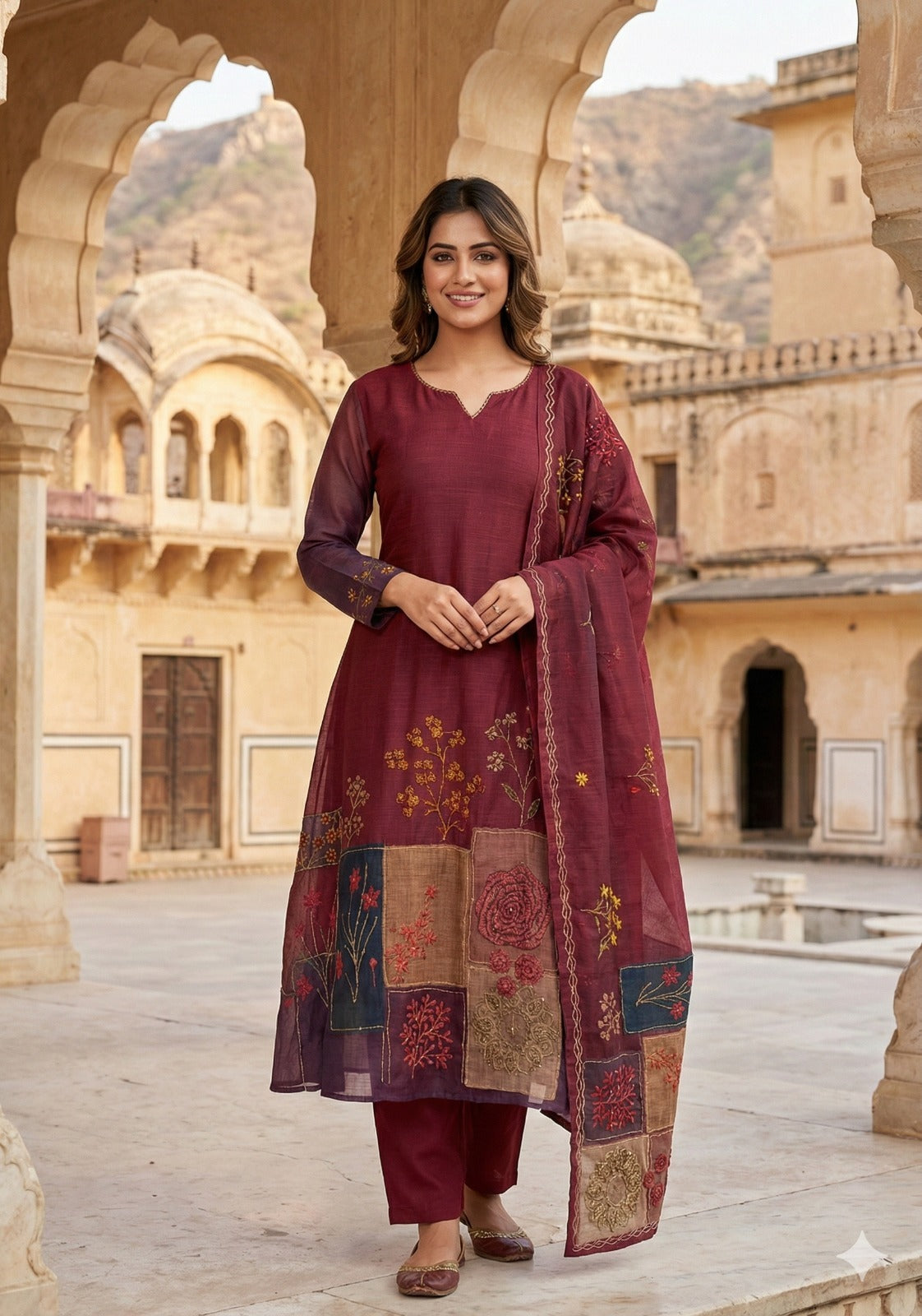 Soft chanderi A line pattern with gitten work three piece set (C108)