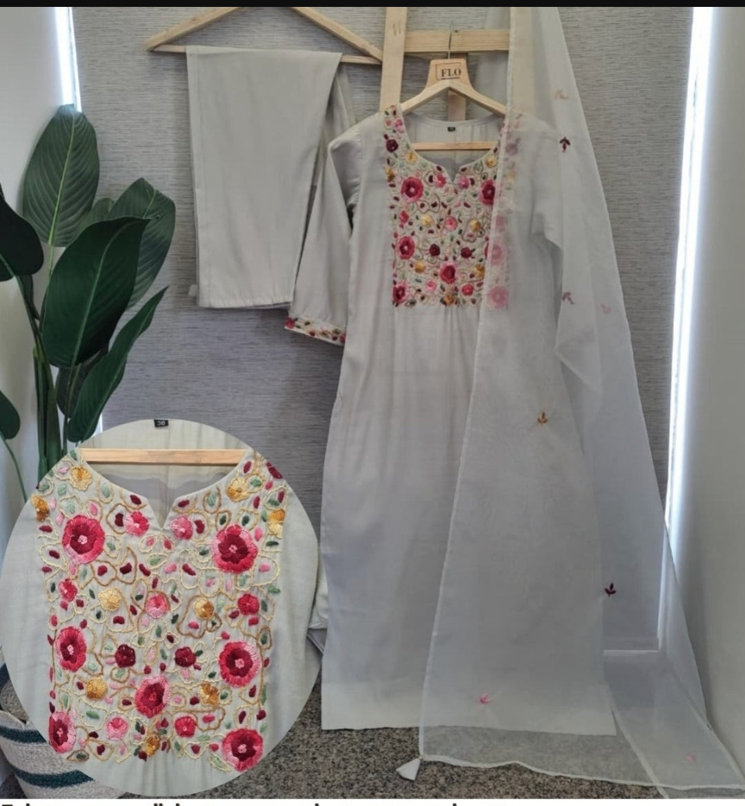 Pure Muslin fully embroidered three piece set (A1572)