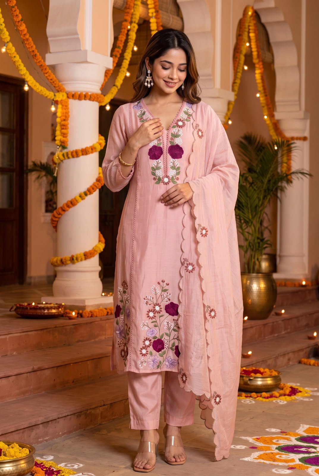Pure mul chanderi with 3d flowers thread embroidery three piece set (S411)