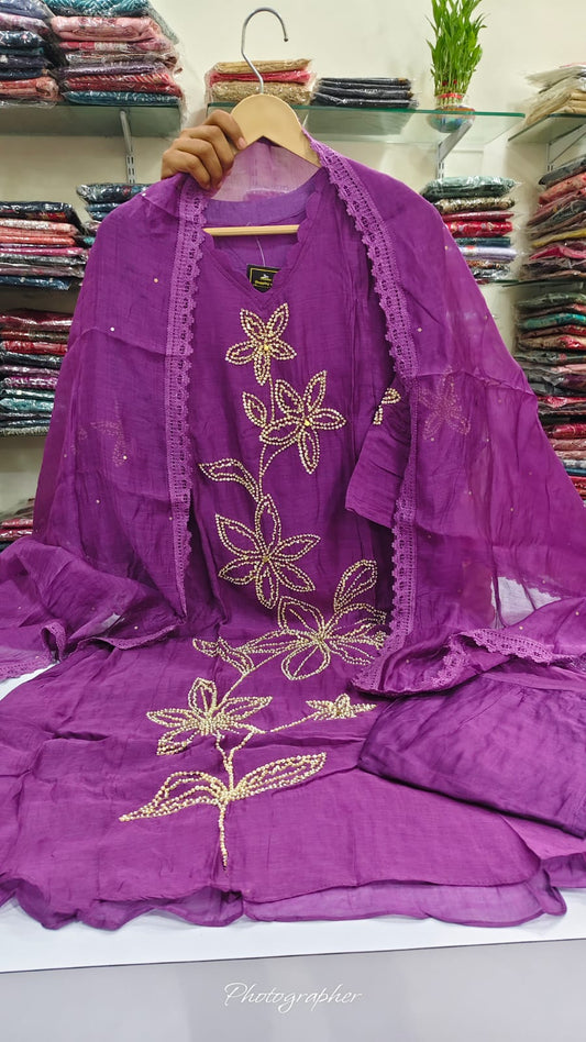 Purple pure banarsi mul chanderi with full hand work three piece set (A770)