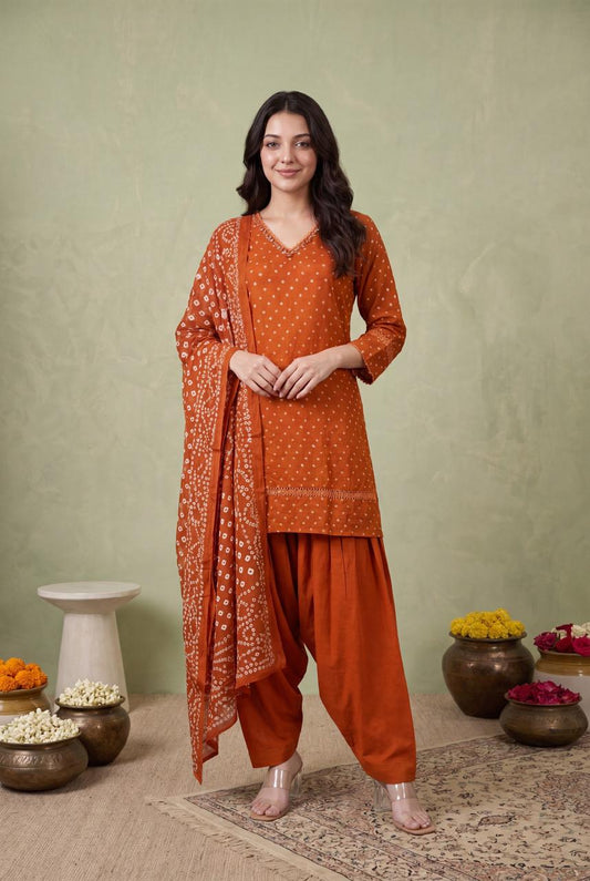 Pure cotton bandani print with farshi salwar smart three piece set (S172)
