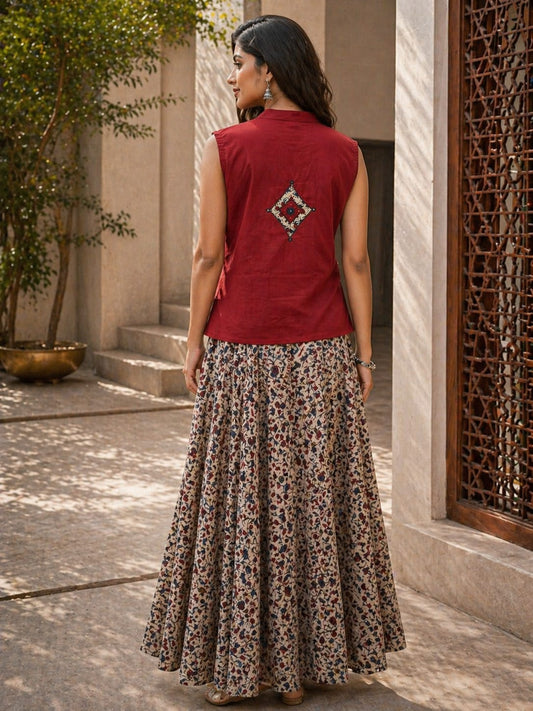 Pure cotton kalamkari top with flared skirt (B673)
