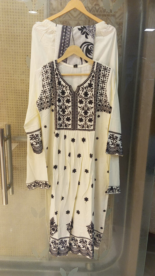 Cotton modal full chikankari nyra pattern three piece set (B329)