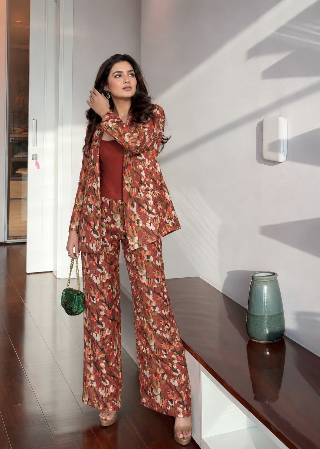 Pure muslin blazer top and bottom stylish three piece cordset (B931)