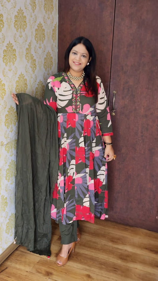 Green pure cotton flared anarkali three piece set (A283)