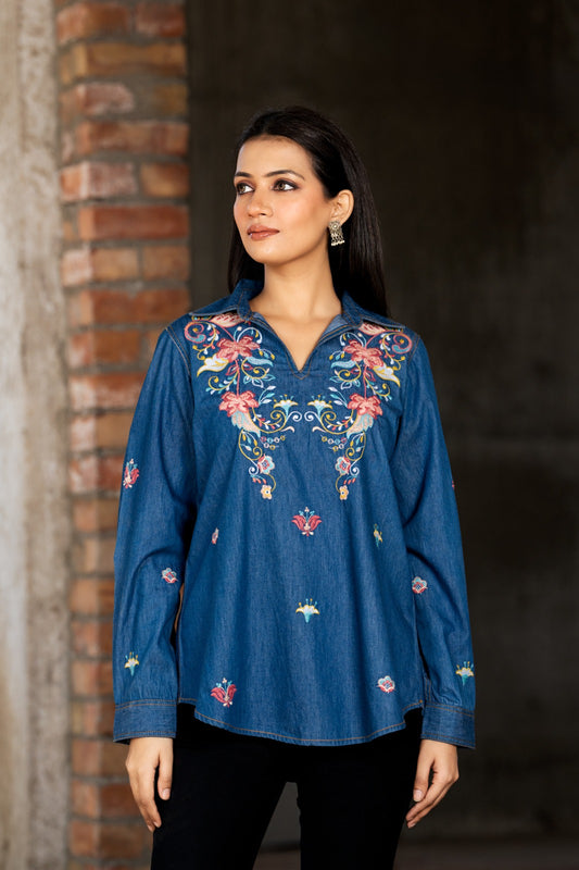Denim blue fully thread work only shirt (P2277)