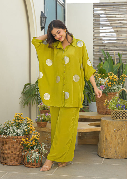 Pure crape gold zari with applique work smart two piece cordset (B469)