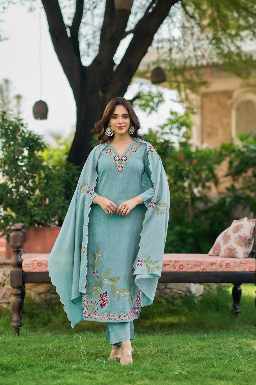 Silly cotton with lining full embroidered three piece set (S124)