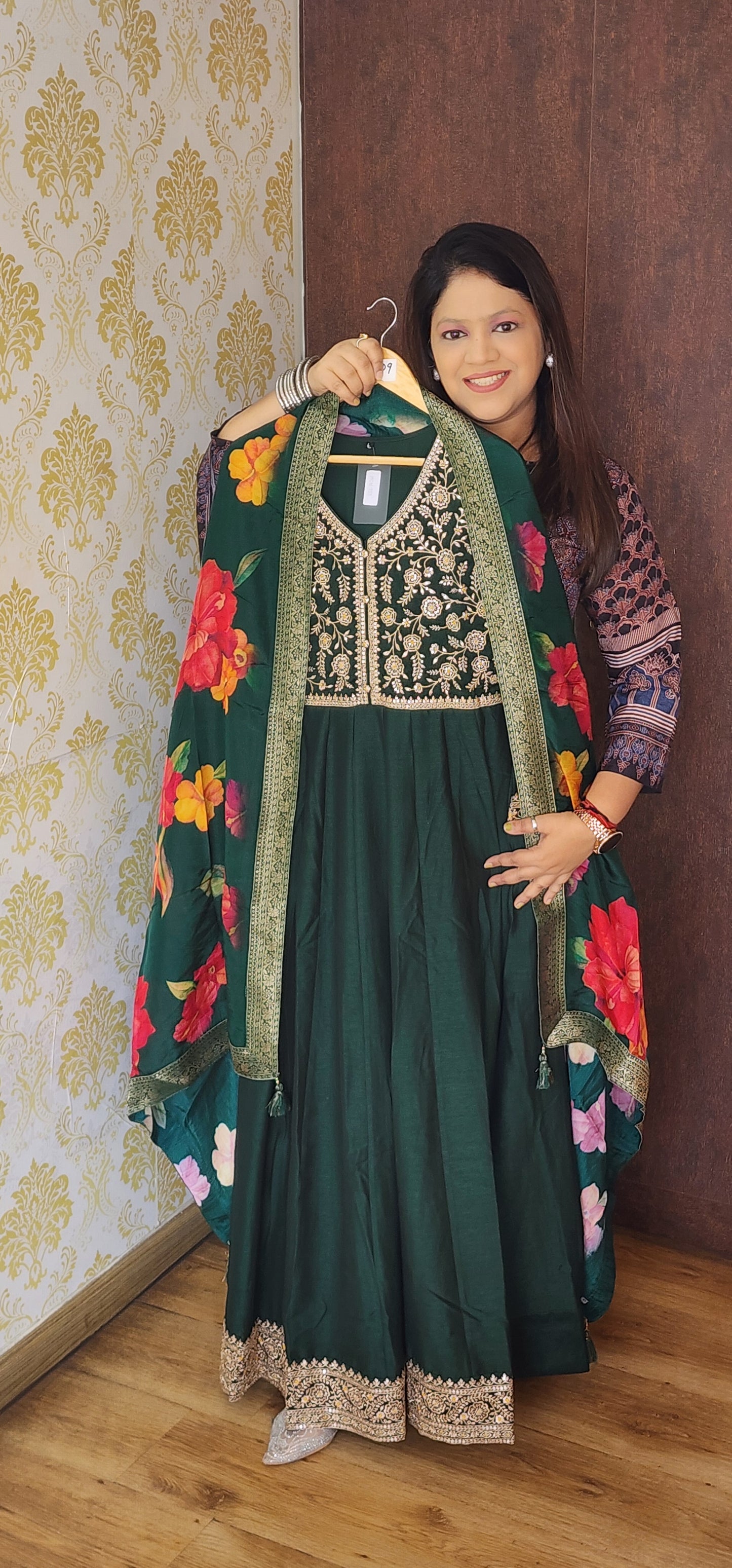 Bottle green russian silk anarkali (P840)