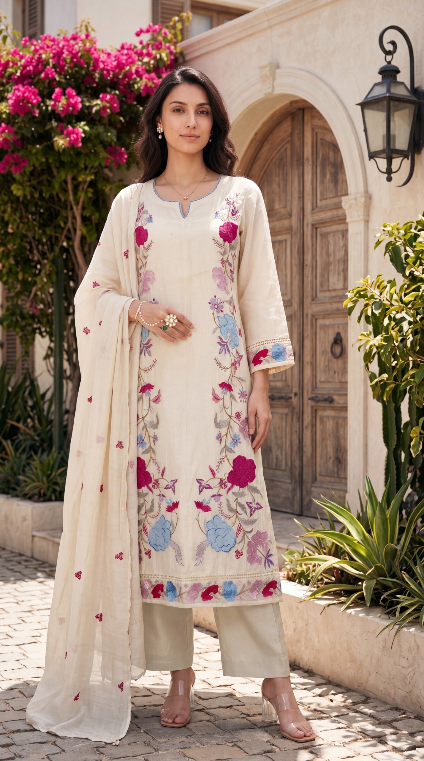 Soft crush chanderi full thread work three piece set (B781)