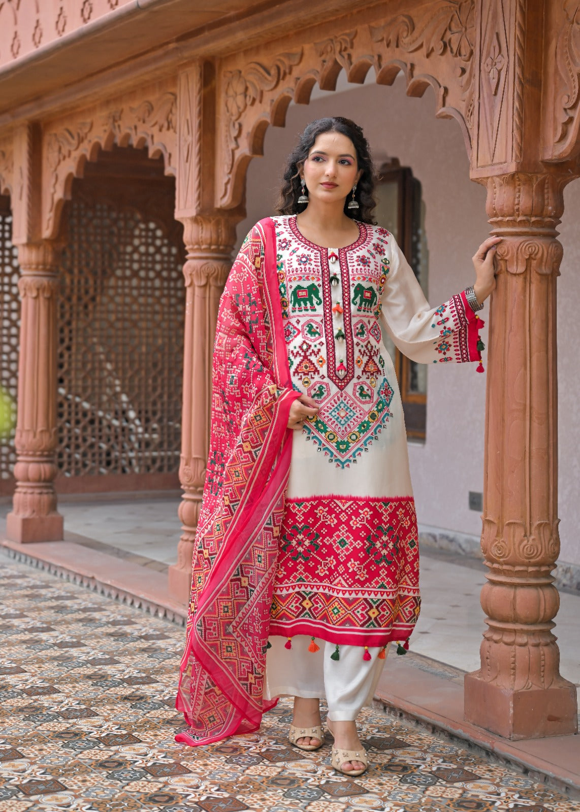 Pure Russian silk patola print with lining smart three piece set (C714)