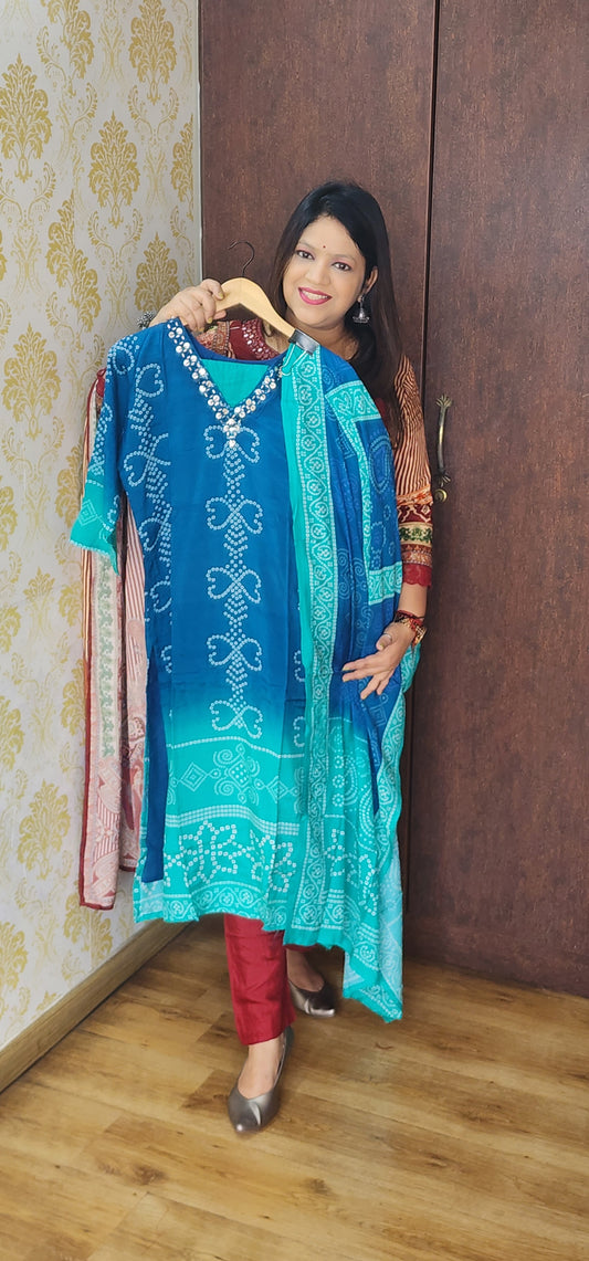 Blue bandani pure silk with cotton lining three piece set (P769)