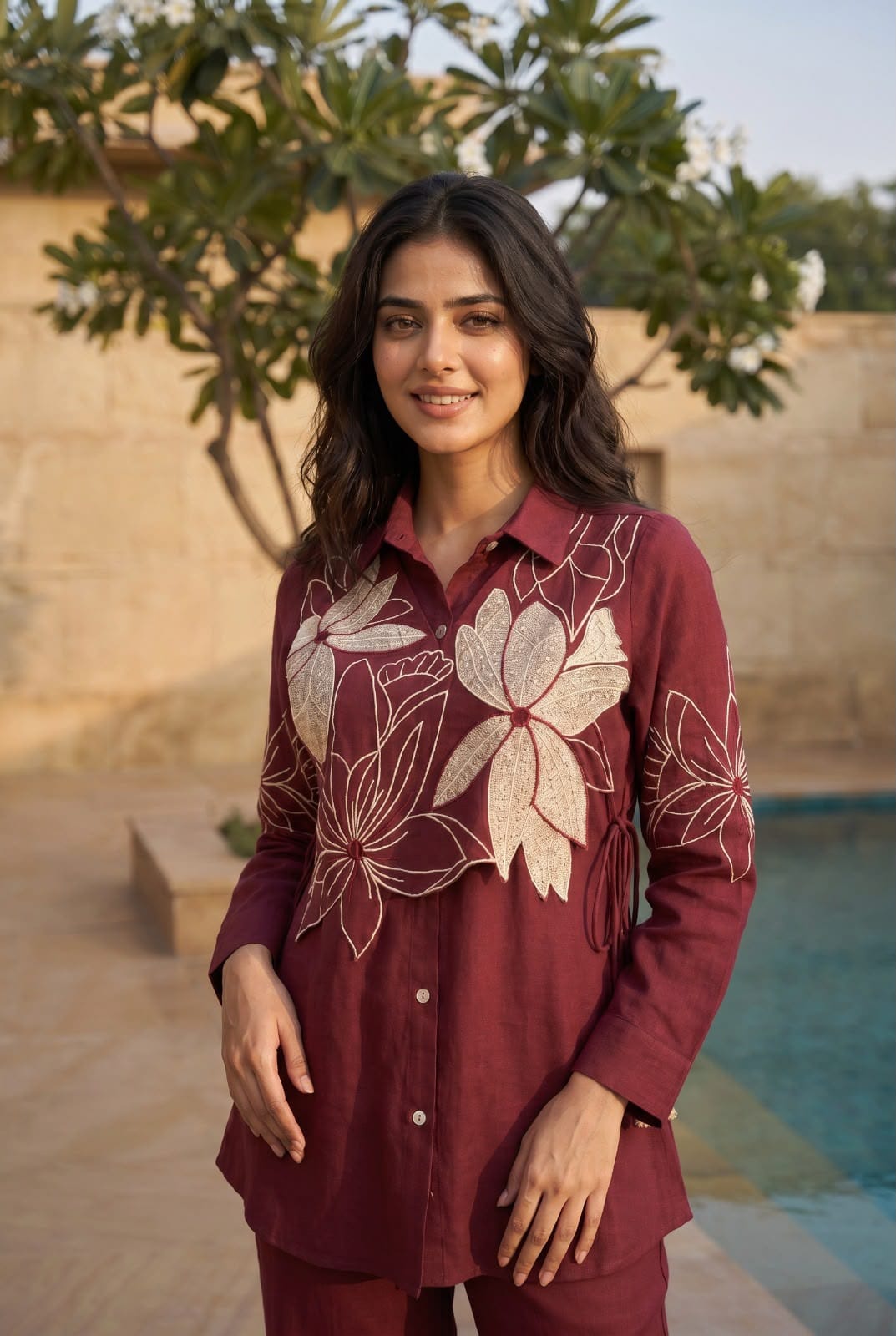 Cotton linen with embroidered shirt smart two piece cordset (C458)