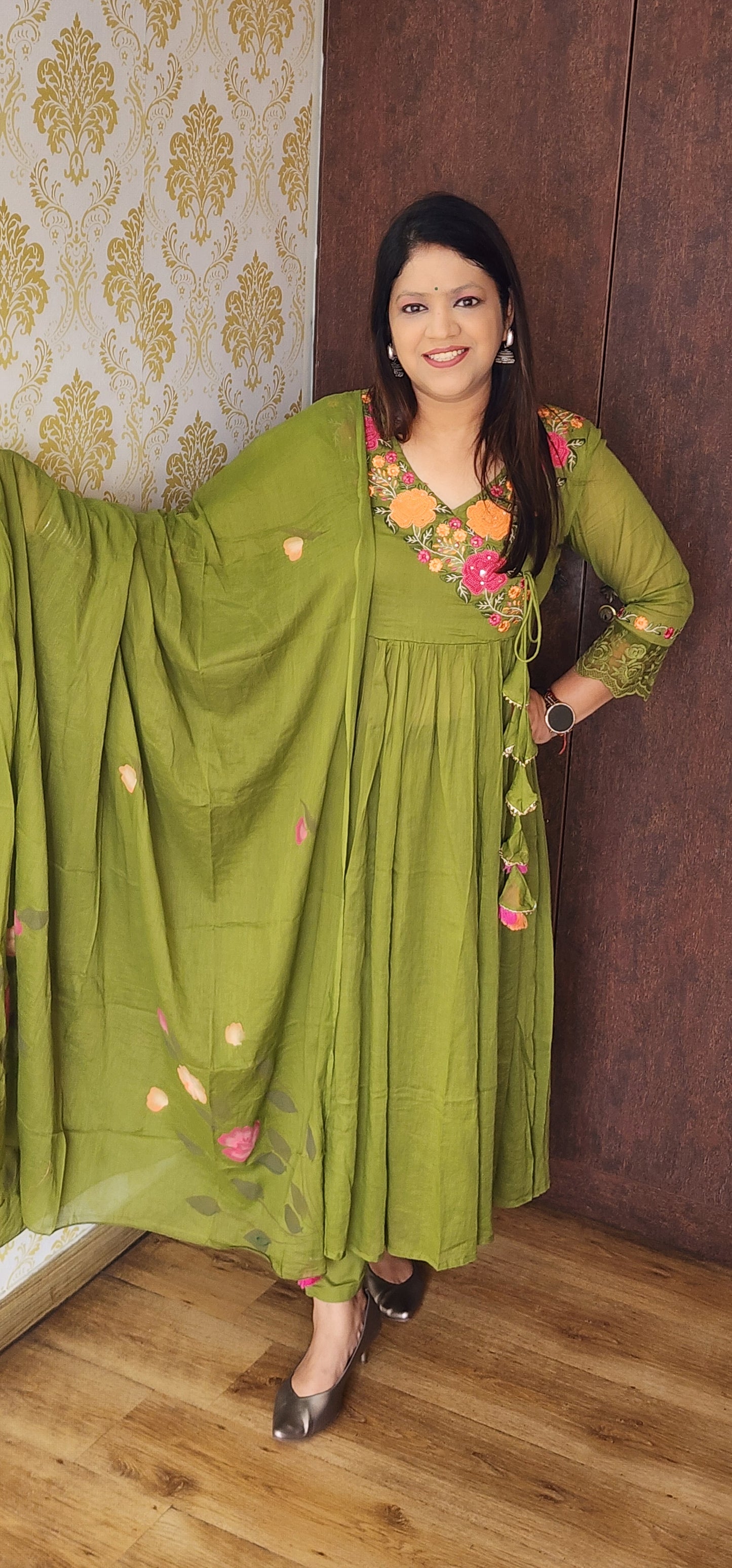 Mehndi green pure mul cotton Anarkali with full thread work and brush dupatta (T63)