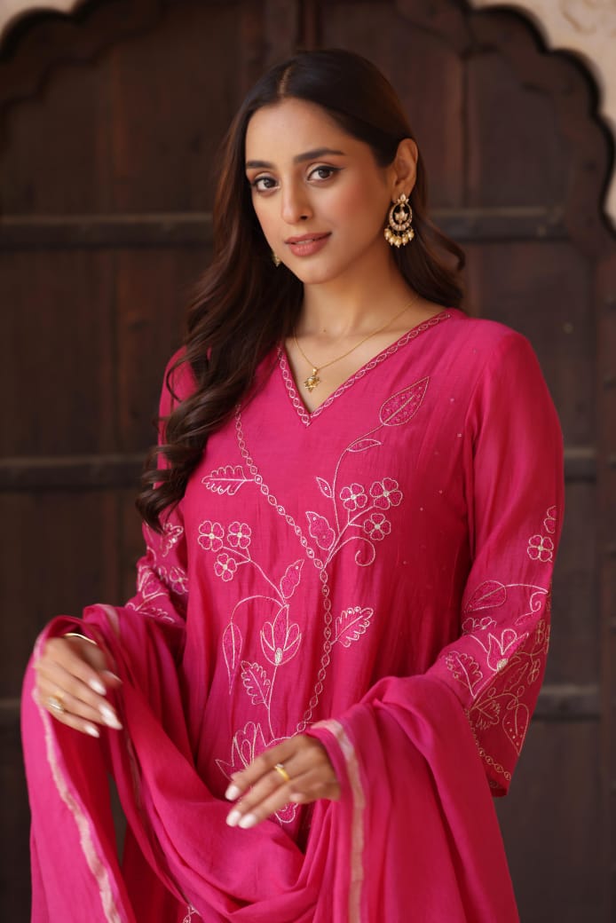 Bright pink pure mul chanderi A line with hand work three piece set (P1413)