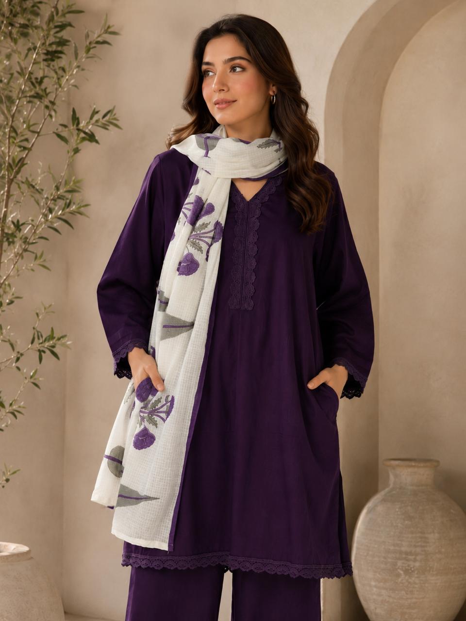 Pure cotton solid colour kurta with pant and paired with mugal duppta three piece set kurta length 37 inch and bottom length 38 inch (S119)