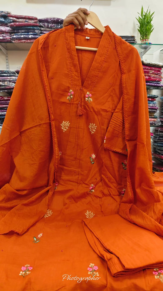 Orange pure cotton fully thread work three piece set (A986)