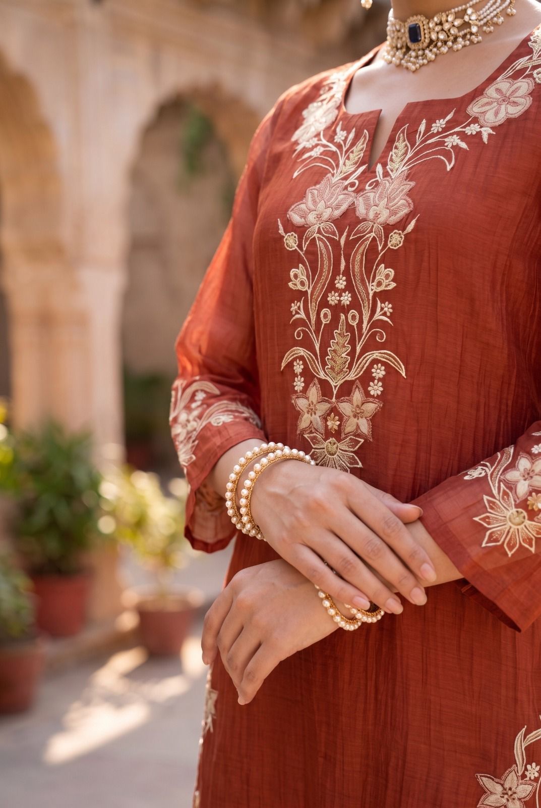 Pure banarasi mul chanderi with full thread work three piece set (S338)