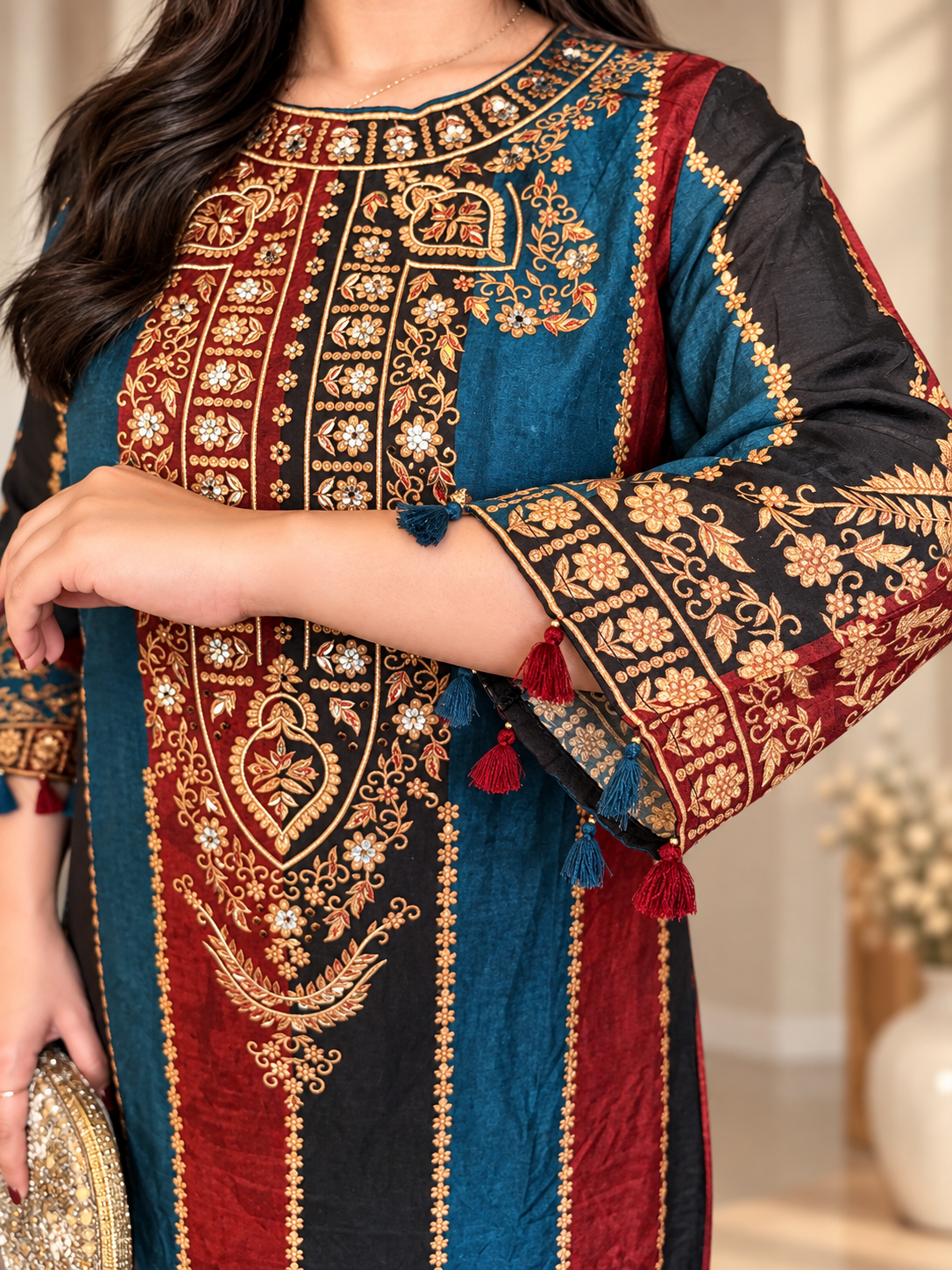 Pure crape with lining pheran pattern smart two piece cordset length 54 inch (C742)