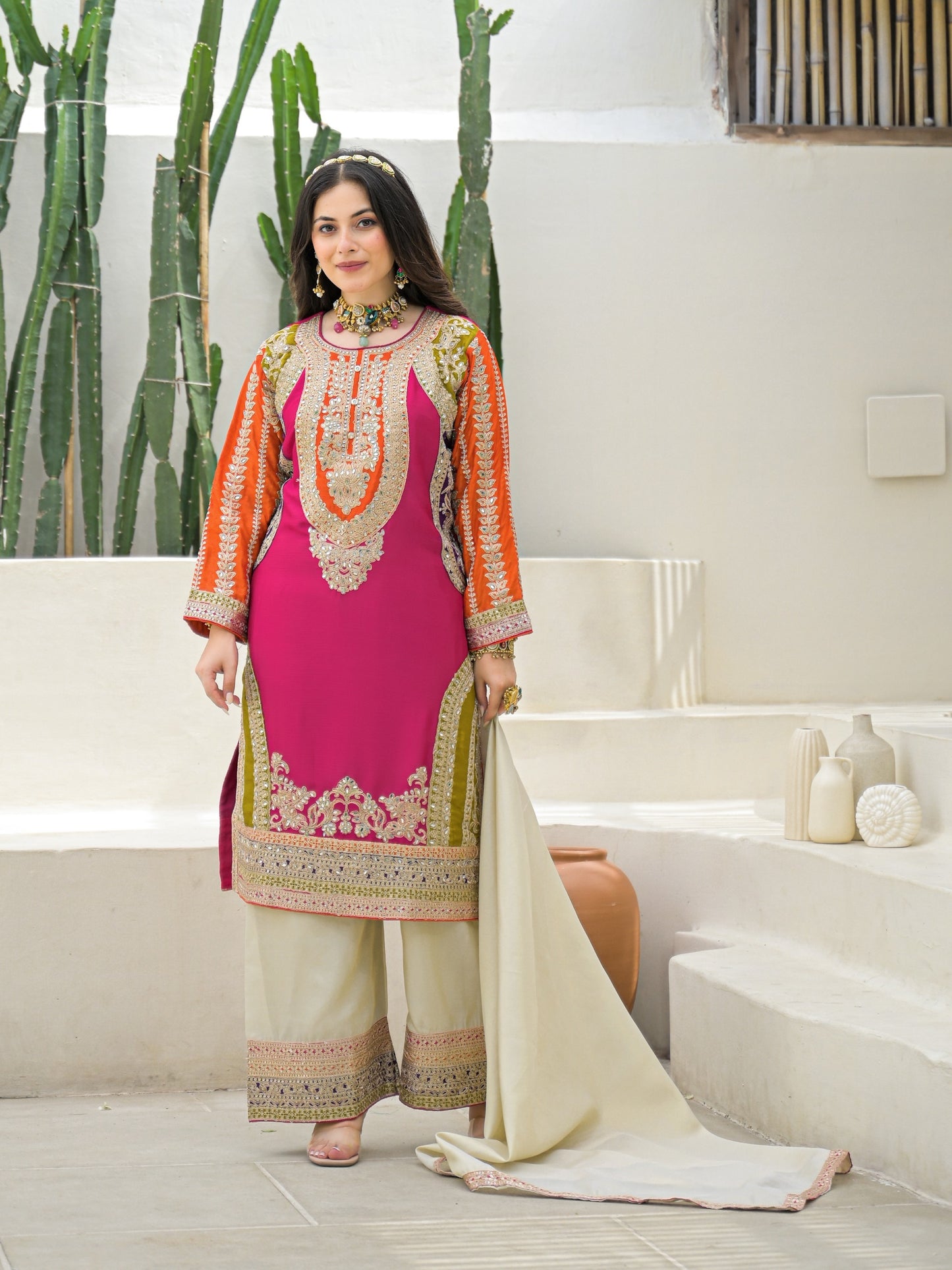 Pure chinnon full work pink based three piece set (A931)