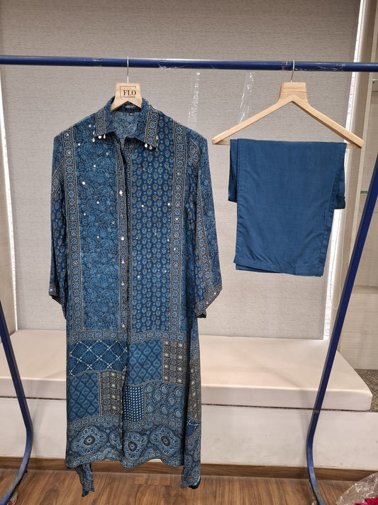 Pure crape Ajrakh print smart two piece cordset (C130)
