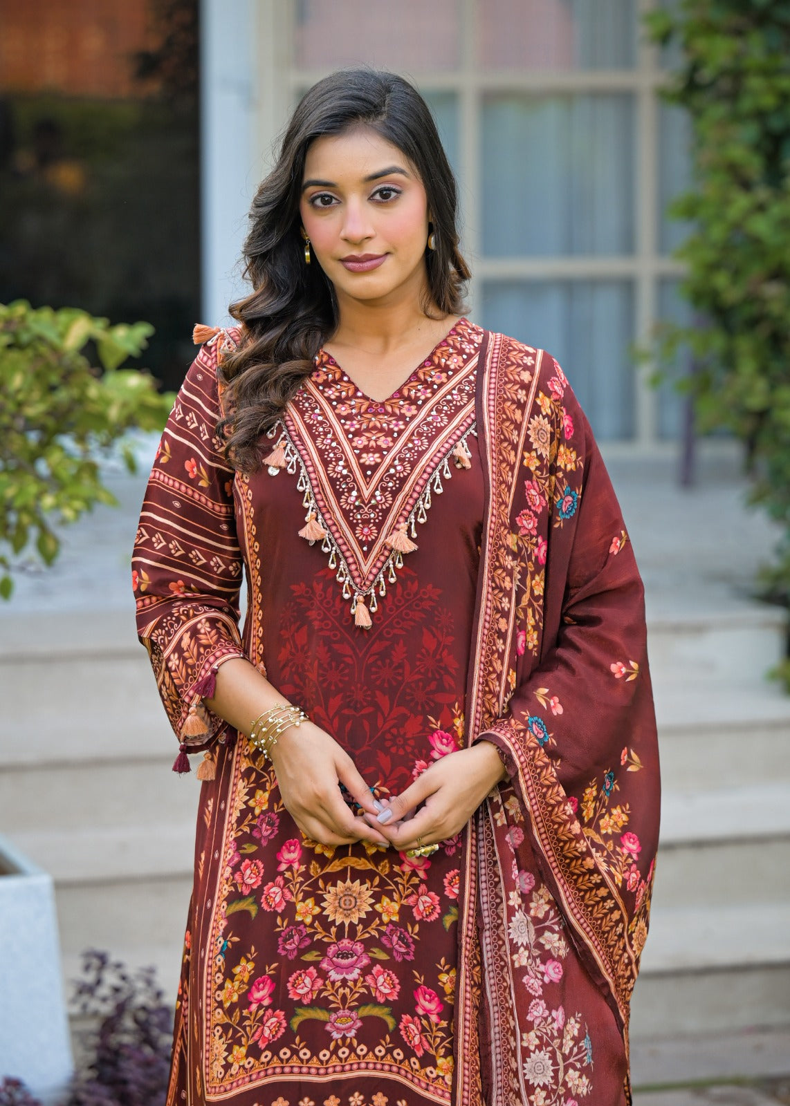 Natural crape with mul lining beautiful three piece set (C235)