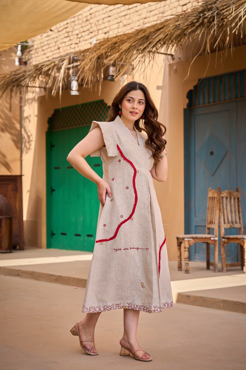 knee length dresses for ladies Ecru Jute Laced Cotton Turtle Neck Knee Length Dress 28