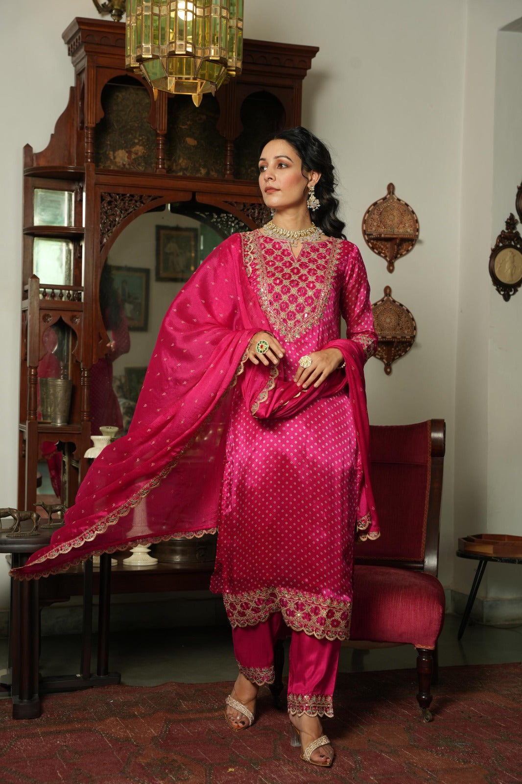 Hot pink pure chinnon crape with lining three piece set (P455)