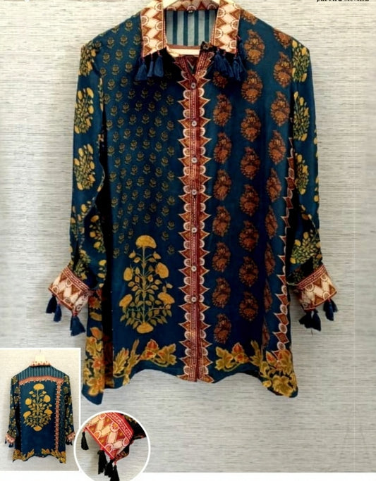 Blue mugal print pure crape silk shirt (A1068)